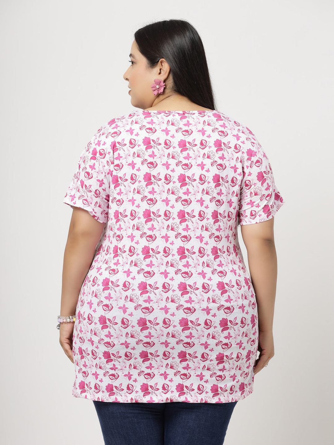 Plus Size Women Pink Floral Printed T-shirt