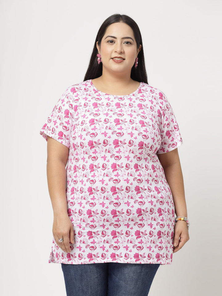 Plus Size Women Pink Floral Printed T-shirt