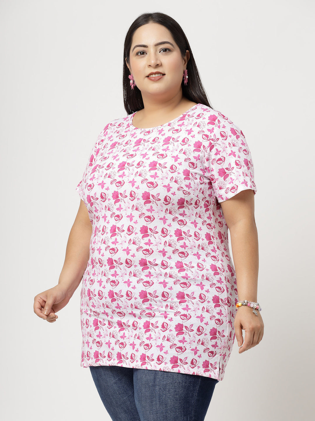 Plus Size Women Pink Floral Printed T-shirt
