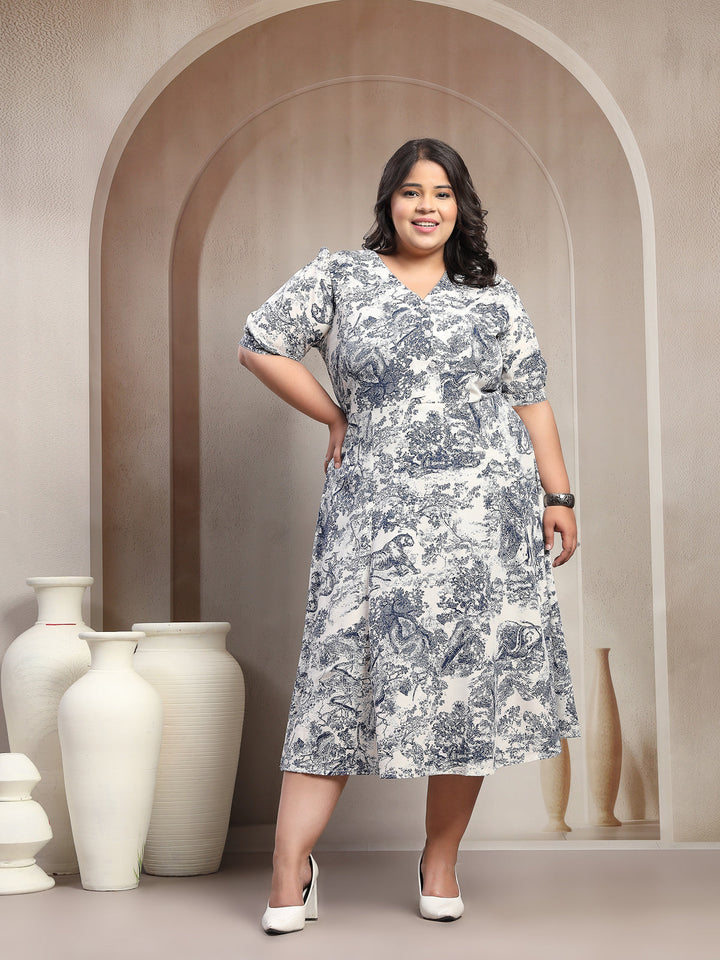 Plus Size Women Blue Floral Jungle Print Midi Dress
