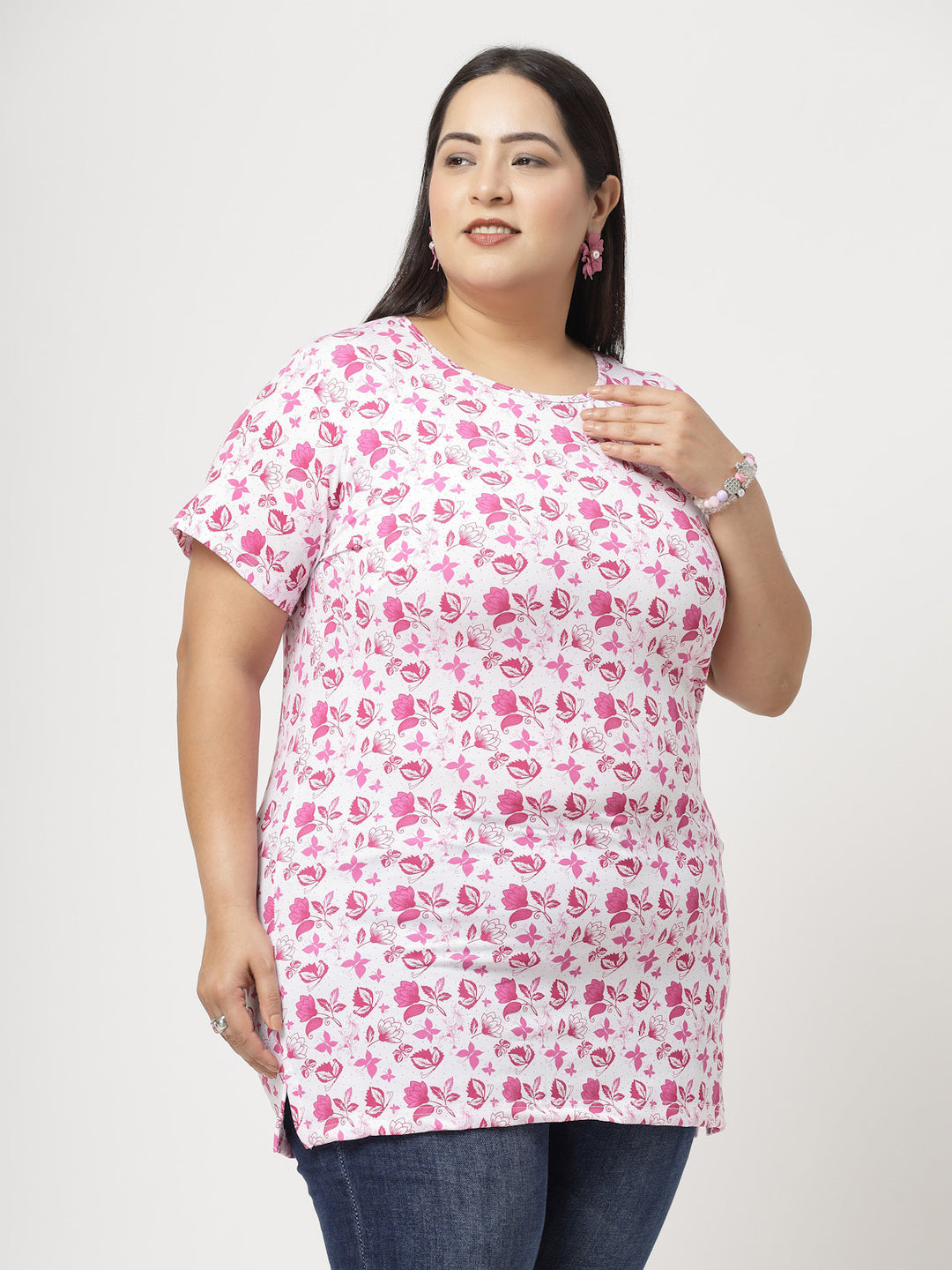 Plus Size Women Pink Floral Printed T-shirt