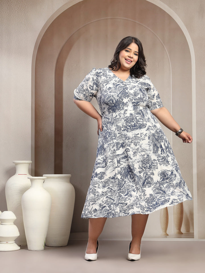 Plus Size Women Blue Floral Jungle Print Midi Dress