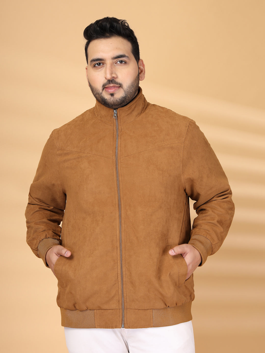 Plus Size Men Mock Collar Solid Bomber Jacket