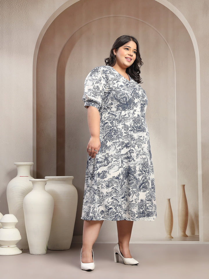 Plus Size Women Blue Floral Jungle Print Midi Dress