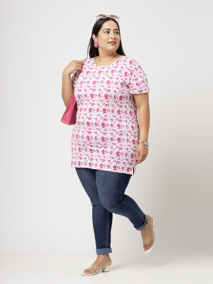 Plus Size Women Pink Floral Printed T-shirt