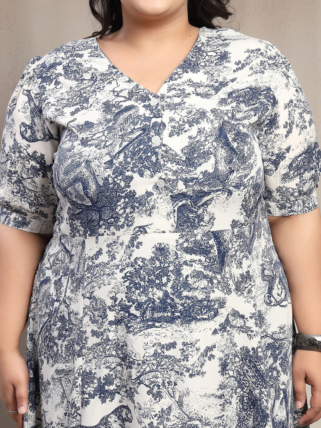 Plus Size Women Blue Floral Jungle Print Midi Dress