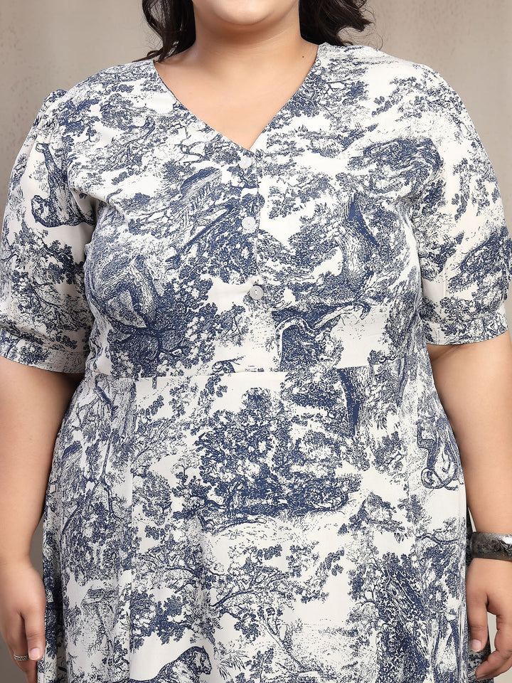 Plus Size Women Blue Floral Jungle Print Midi Dress