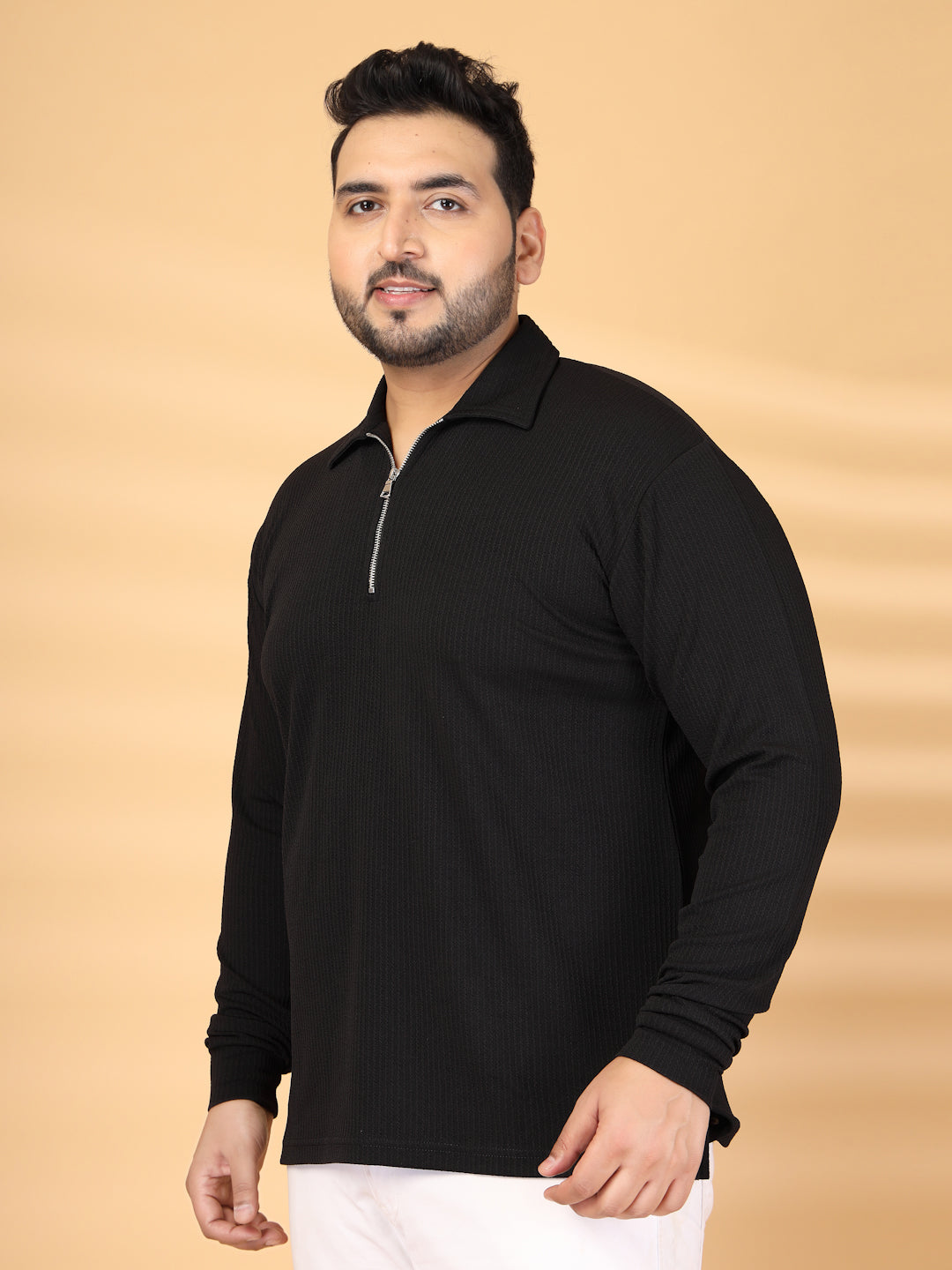 Plus Size Self Design Polo Collar Long Sleeves T-shirt