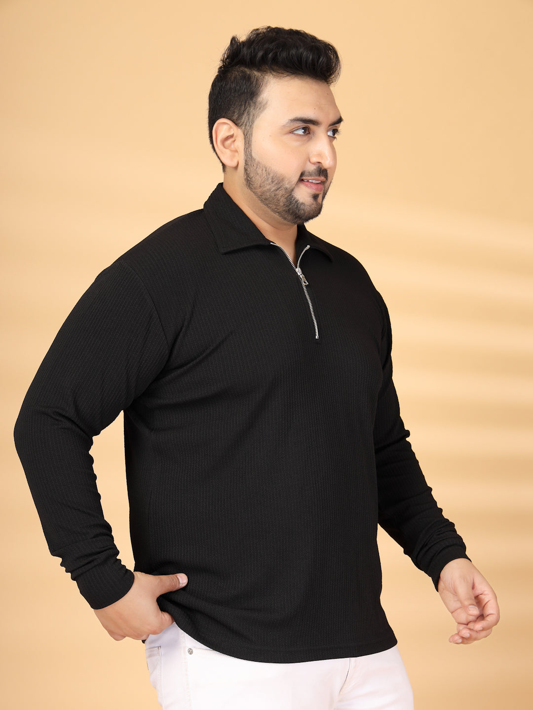Plus Size Self Design Polo Collar Long Sleeves T-shirt