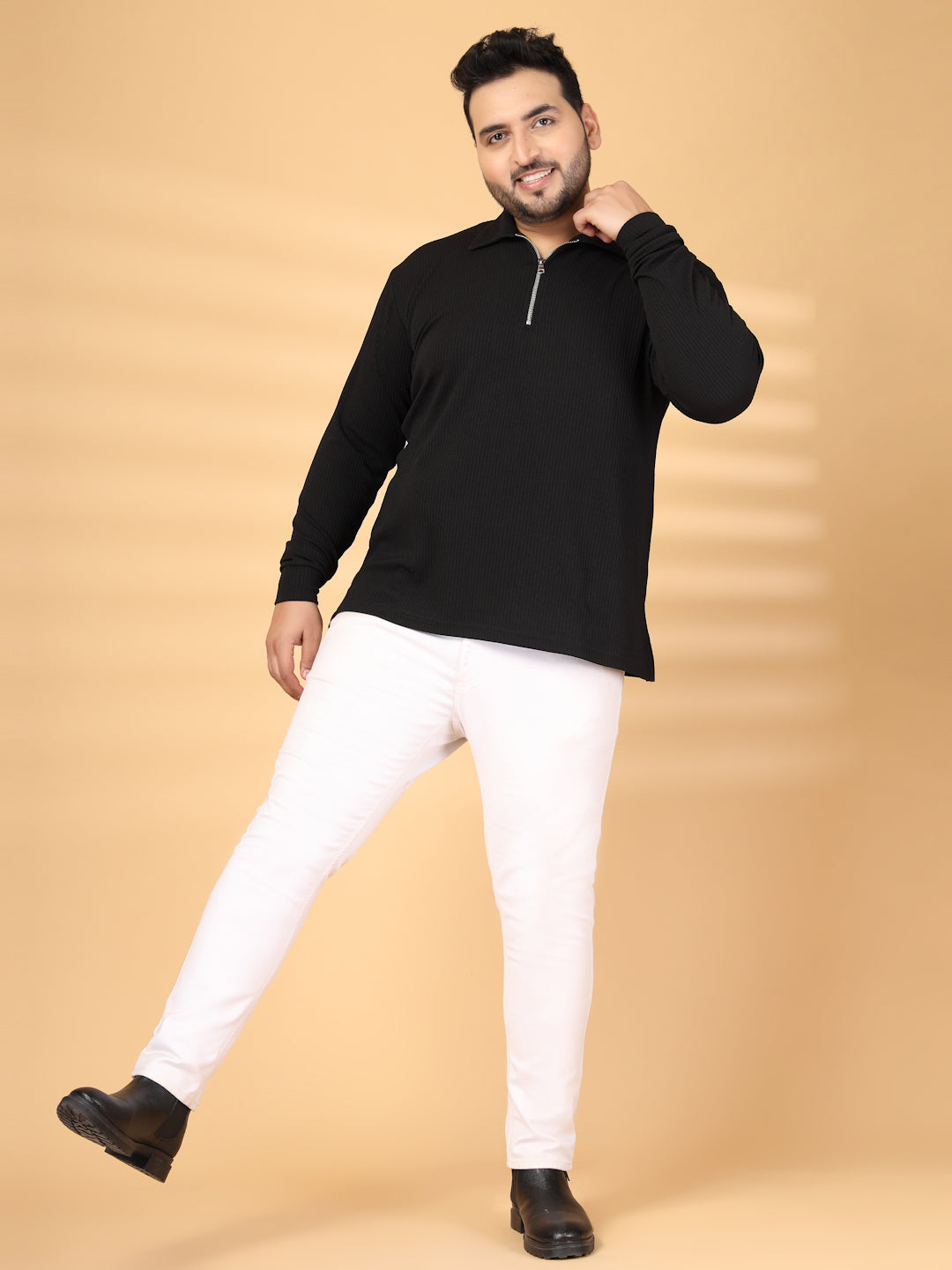 Plus Size Self Design Polo Collar Long Sleeves T-shirt