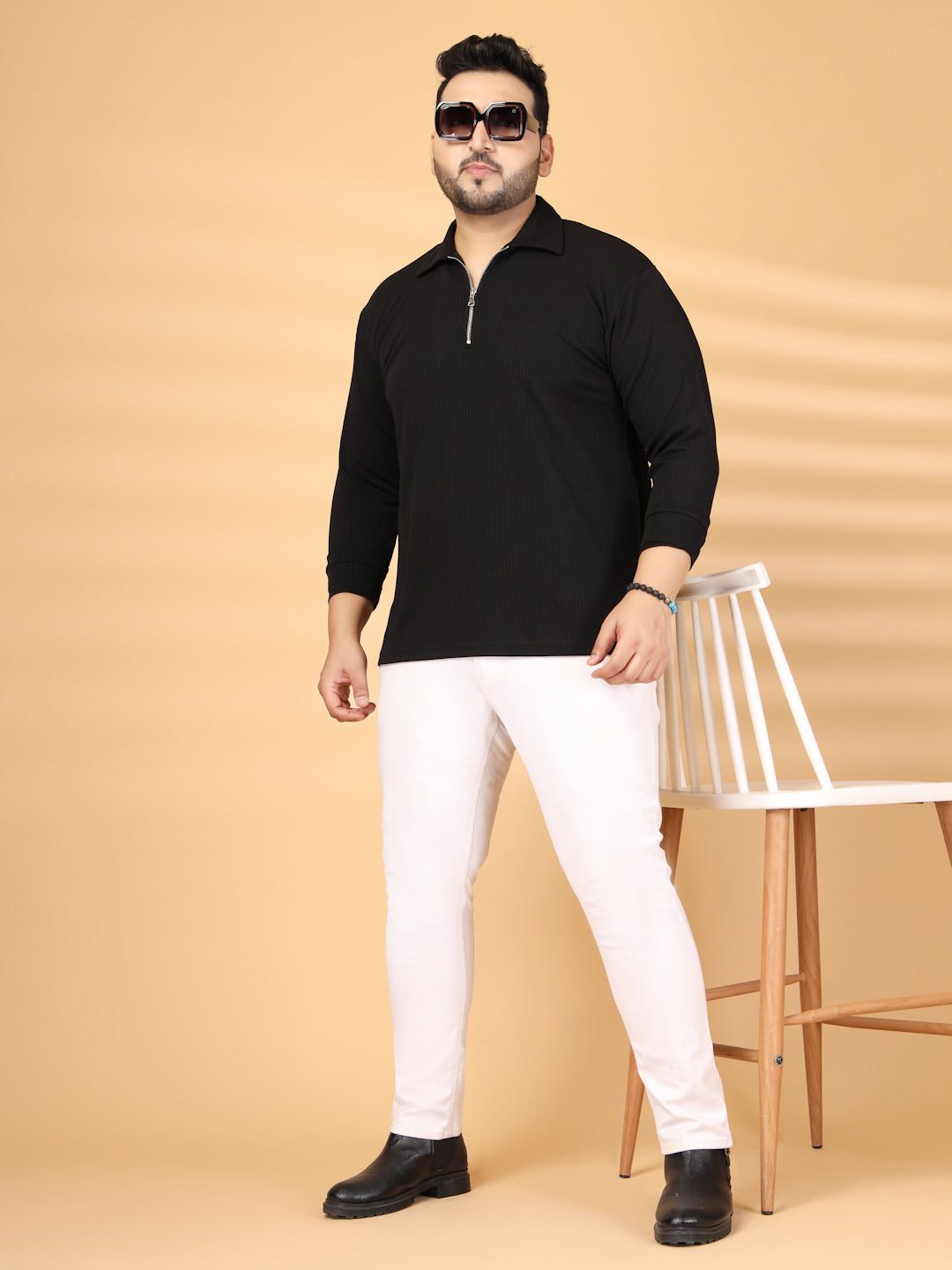 Plus Size Self Design Polo Collar Long Sleeves T-shirt
