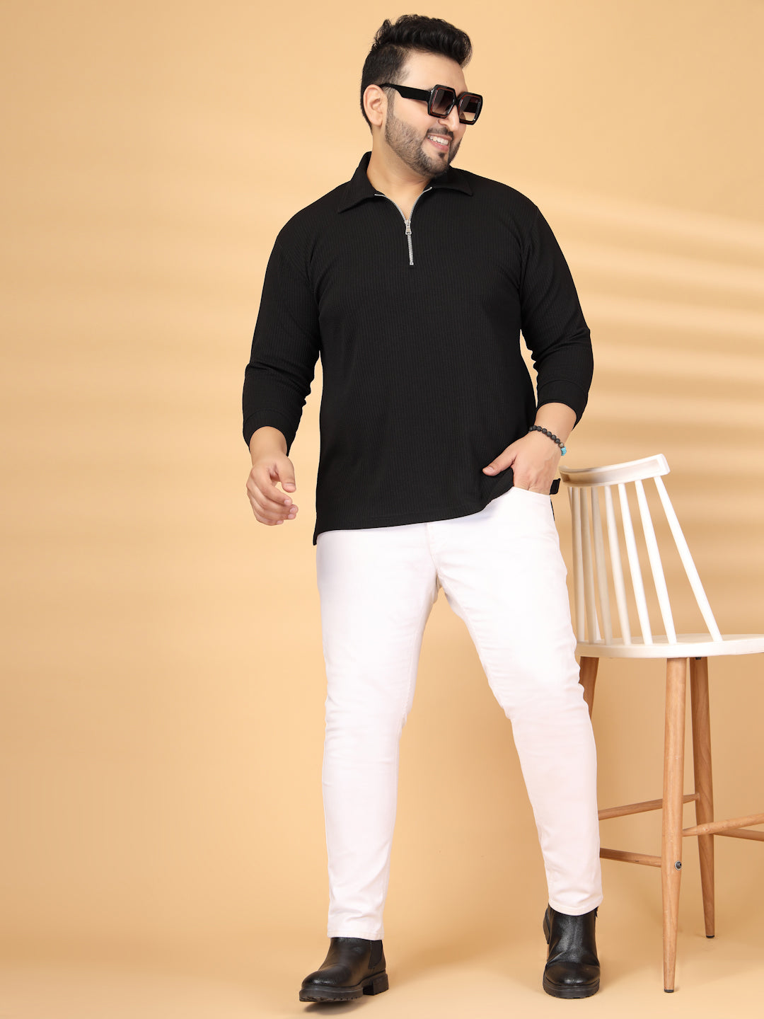 Plus Size Self Design Polo Collar Long Sleeves T-shirt