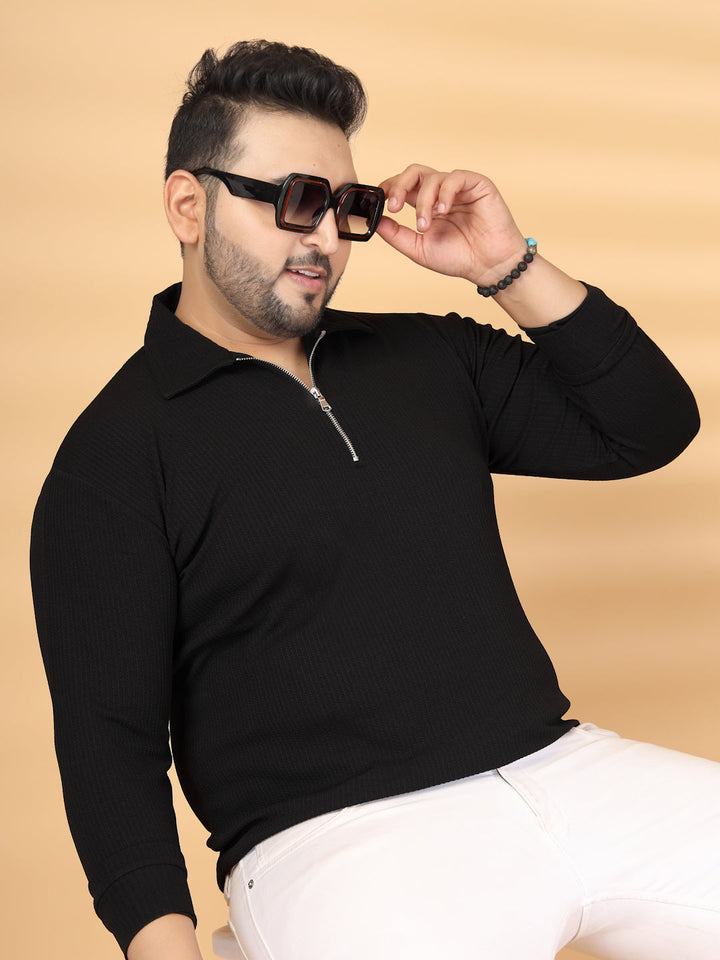 Plus Size Self Design Polo Collar Long Sleeves T-shirt