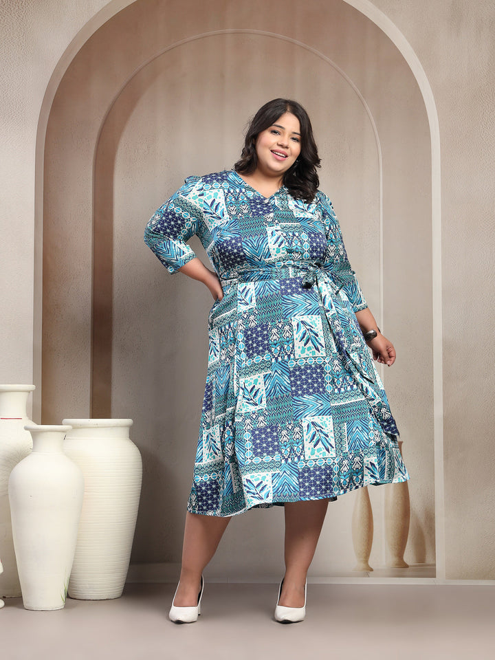 Plus Size Ethnic Motifs Printed A-Line Midi Dress With Belt
