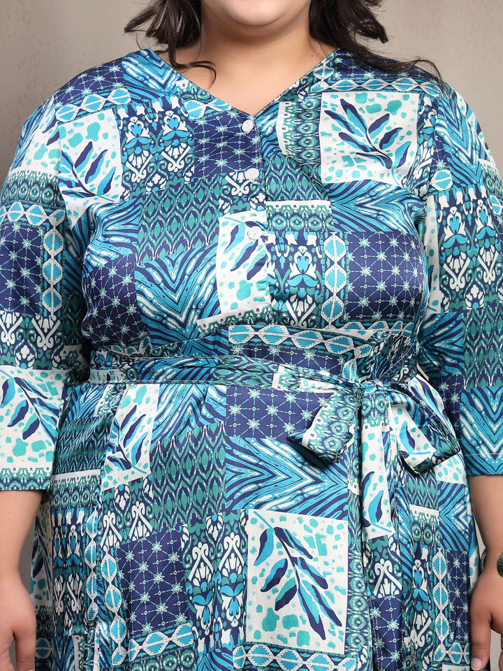 Plus Size Ethnic Motifs Printed A-Line Midi Dress With Belt