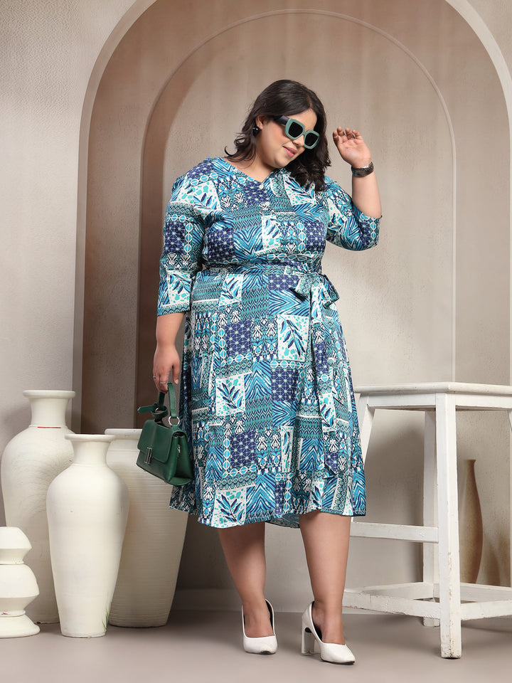 Plus Size Ethnic Motifs Printed A-Line Midi Dress With Belt