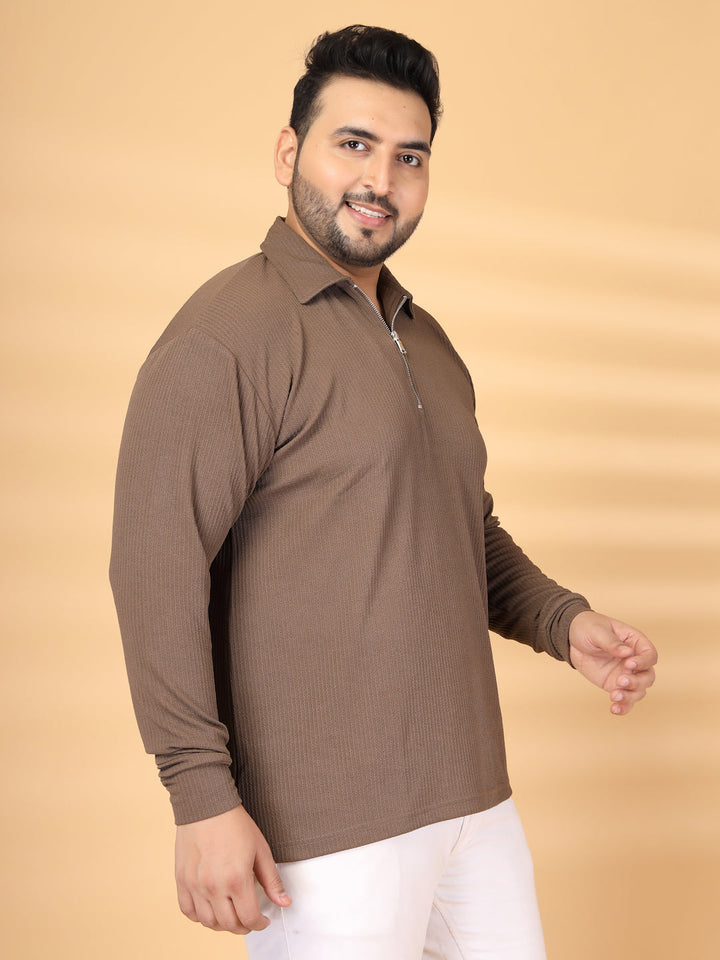 Plus Size Men Polo Collar Self Design T-shirt