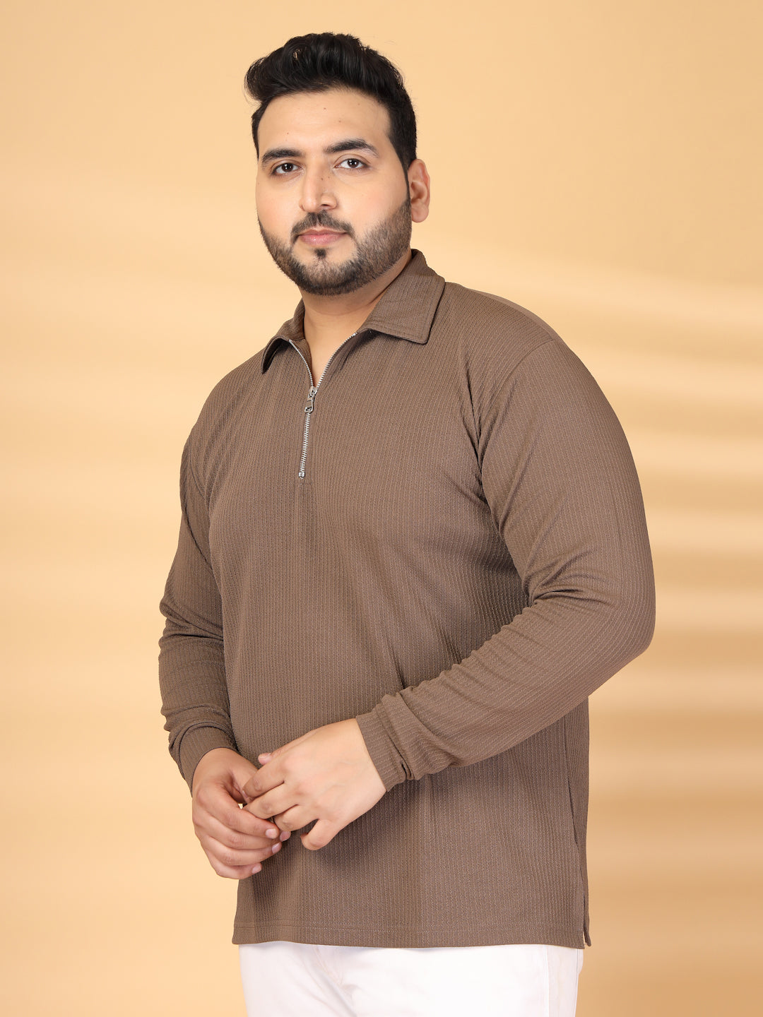 Plus Size Men Polo Collar Self Design T-shirt