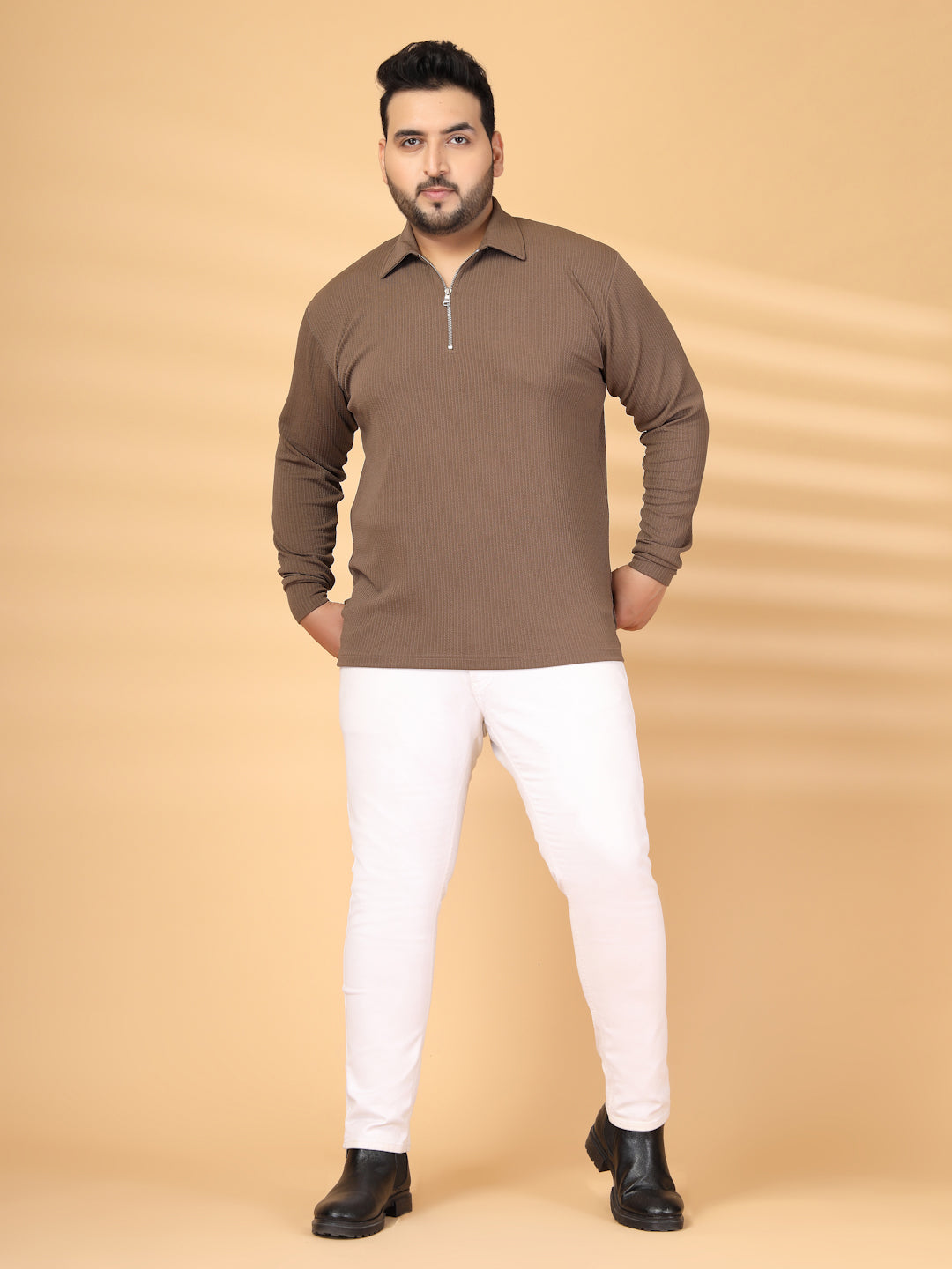 Plus Size Men Polo Collar Self Design T-shirt