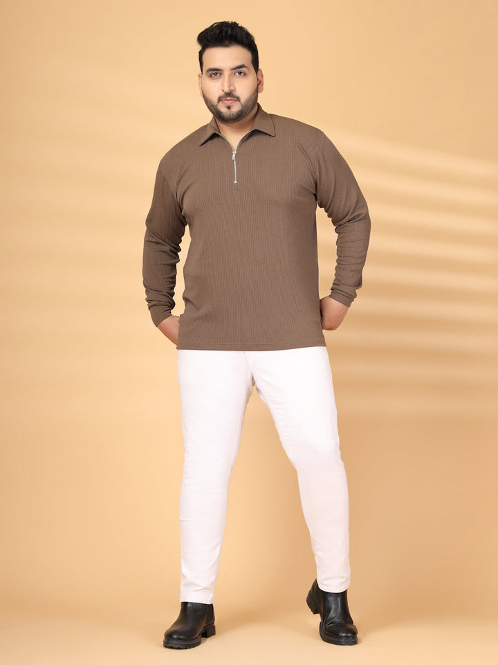 Plus Size Men Polo Collar Self Design T-shirt