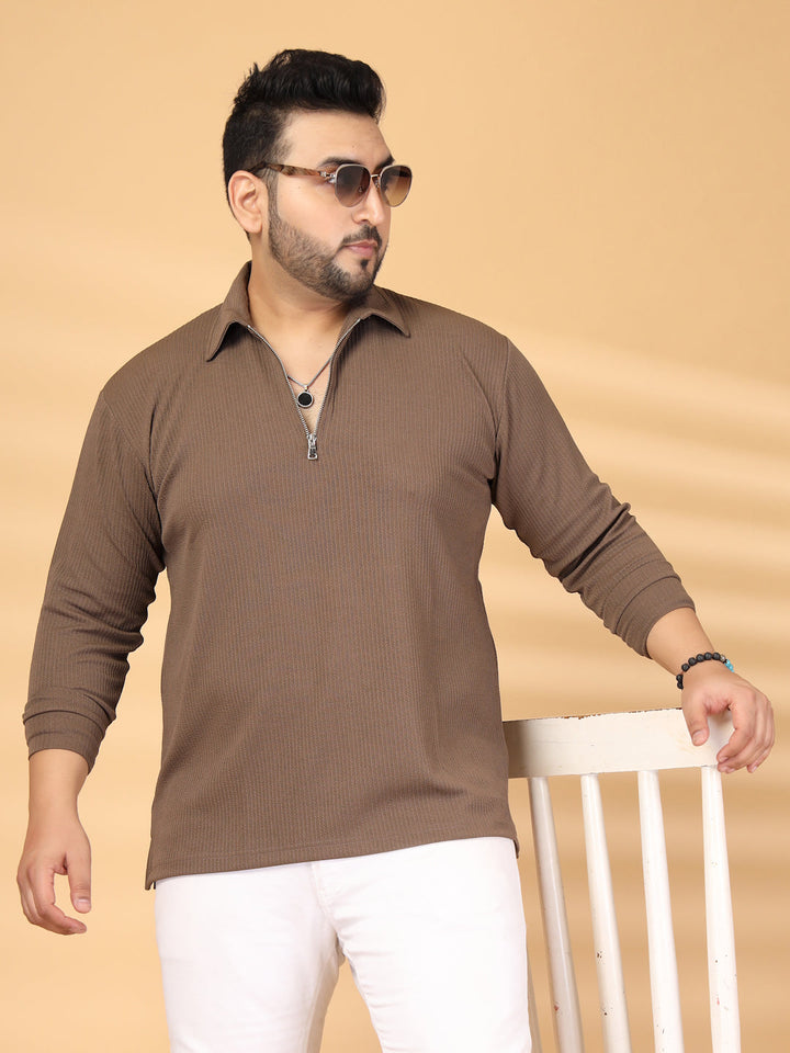 Plus Size Men Polo Collar Self Design T-shirt