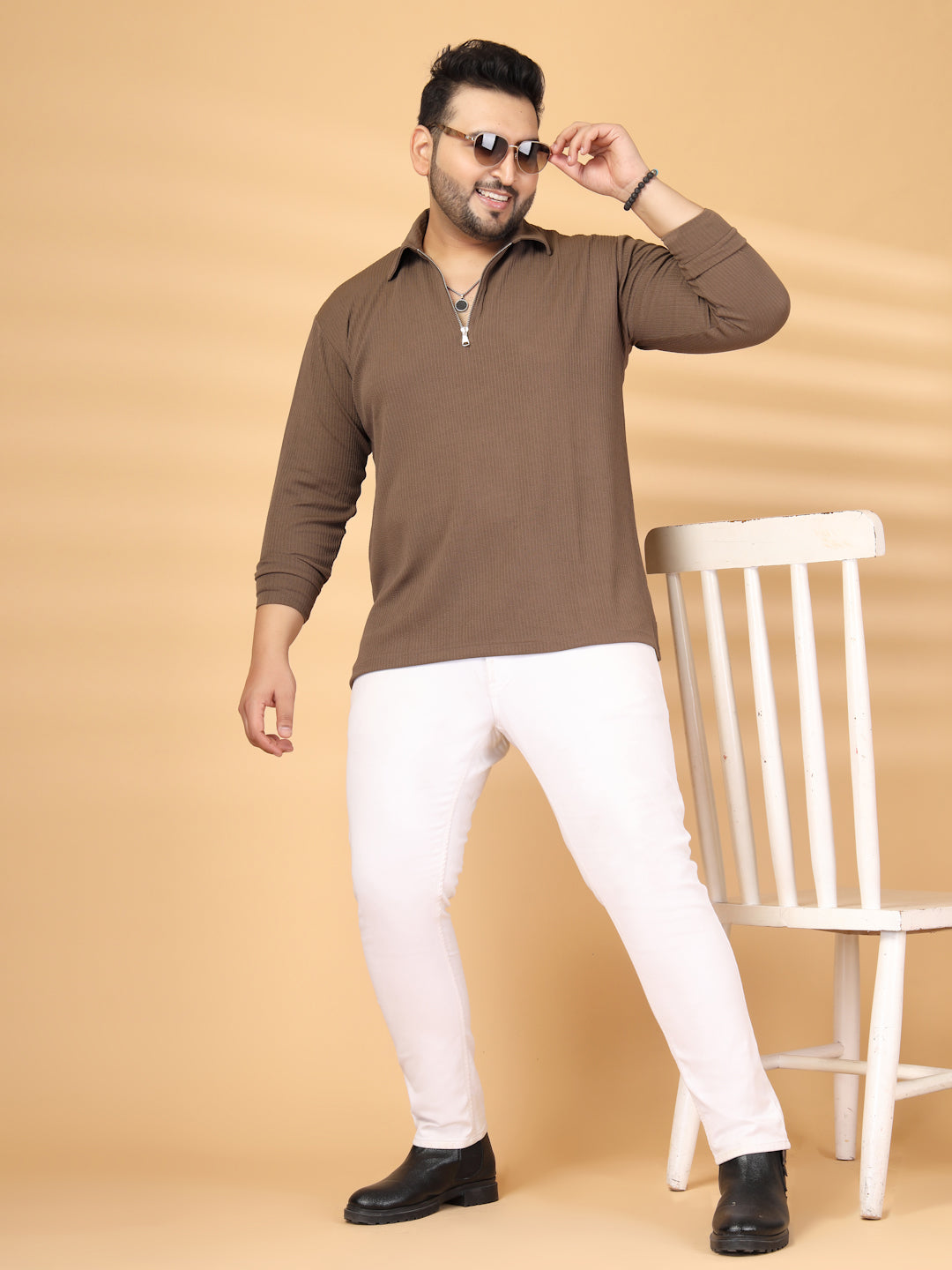 Plus Size Men Polo Collar Self Design T-shirt