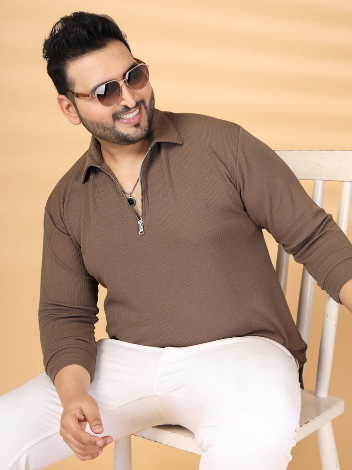 Plus Size Men Polo Collar Self Design T-shirt