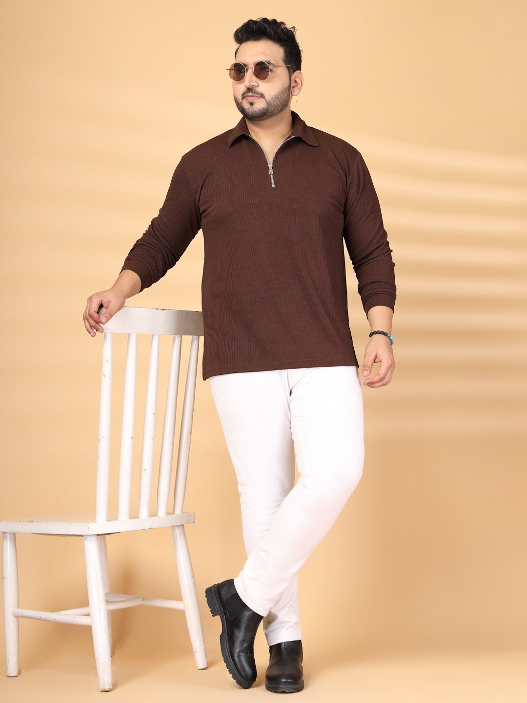 Plus Size Self Design Polo Collar Long Sleeves T-shirt