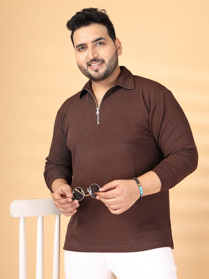 Plus Size Self Design Polo Collar Long Sleeves T-shirt