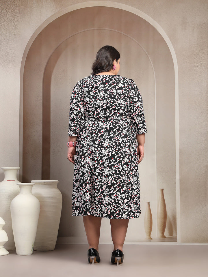 Plus Size Printed Puff Sleeve Fit and Flare Midi Dress