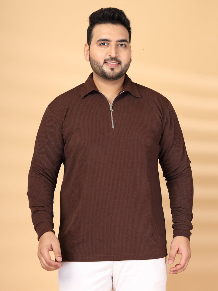 Plus Size Self Design Polo Collar Long Sleeves T-shirt