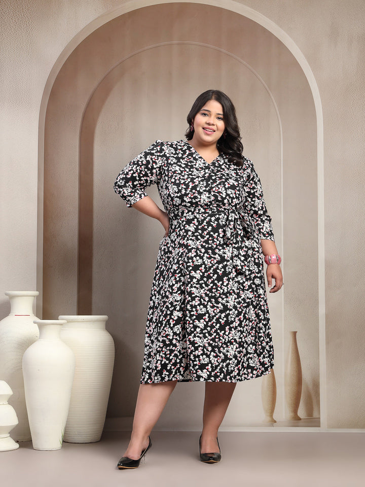 Plus Size Printed Puff Sleeve Fit and Flare Midi Dress