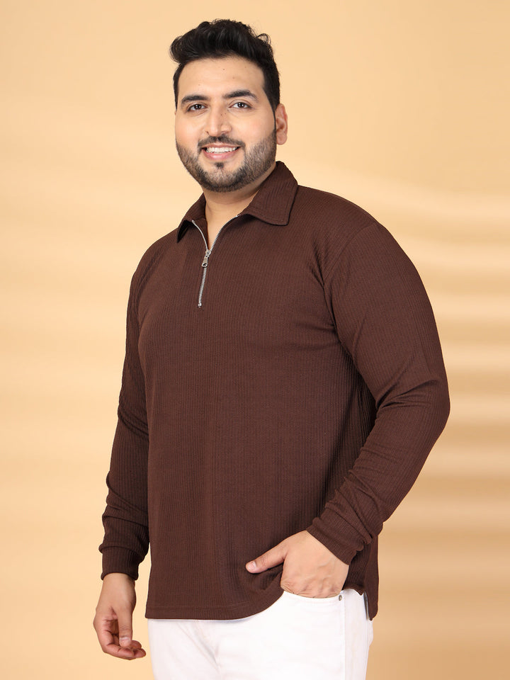 Plus Size Self Design Polo Collar Long Sleeves T-shirt