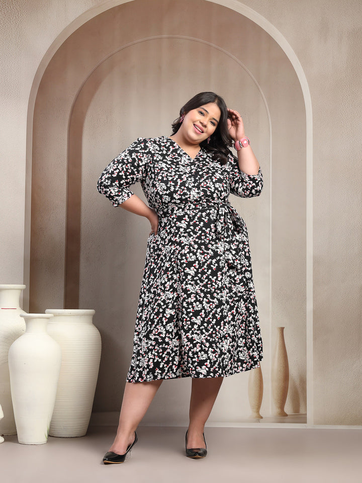Plus Size Printed Puff Sleeve Fit and Flare Midi Dress
