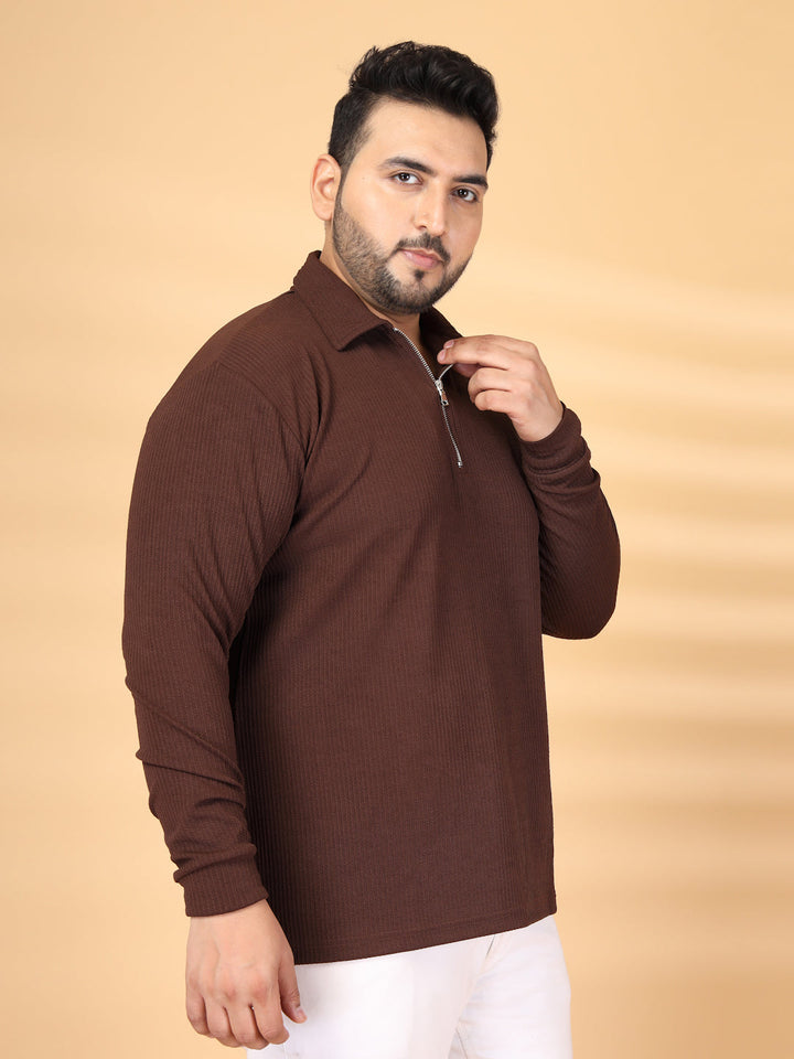 Plus Size Self Design Polo Collar Long Sleeves T-shirt