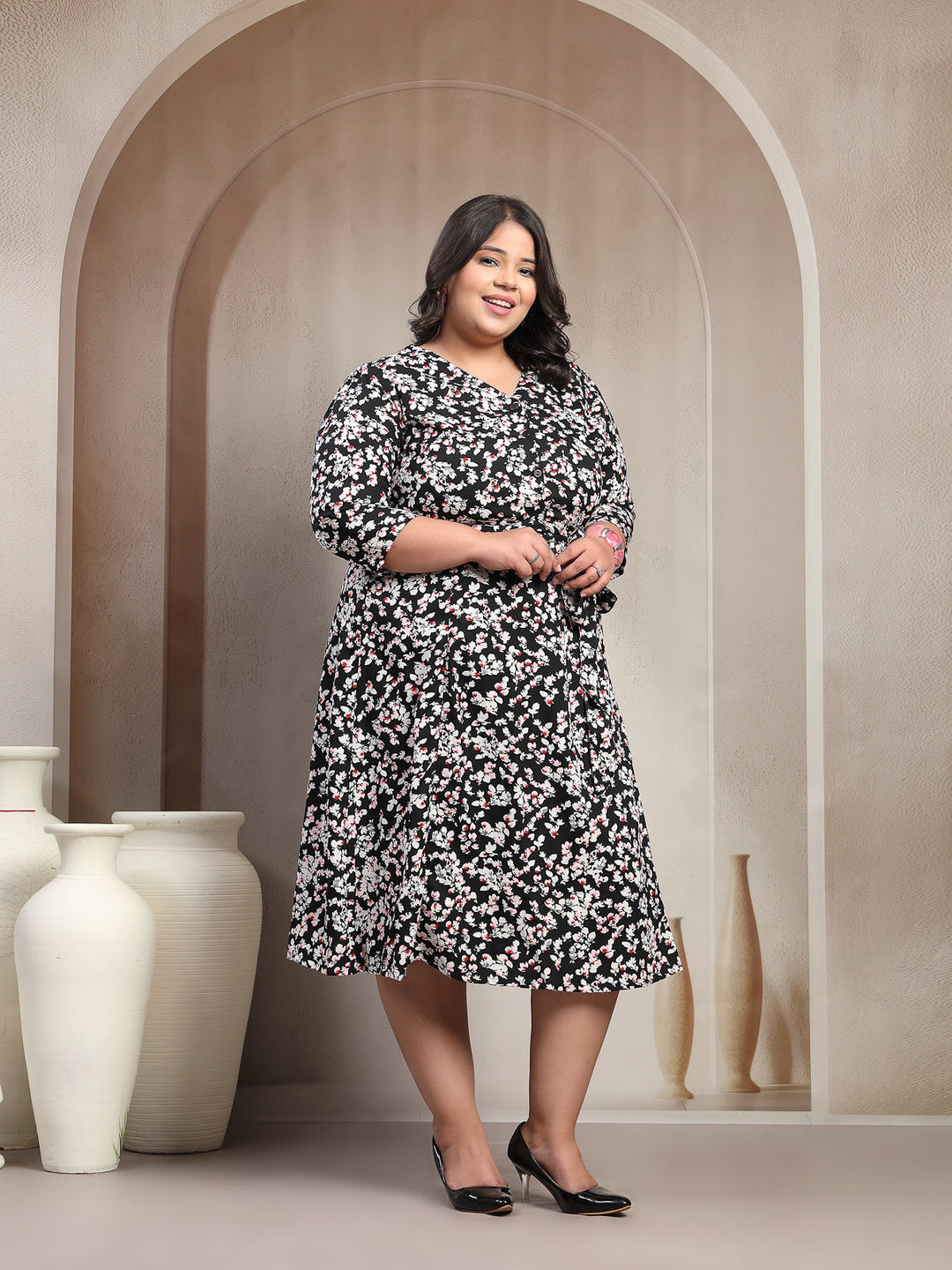 Plus Size Printed Puff Sleeve Fit and Flare Midi Dress