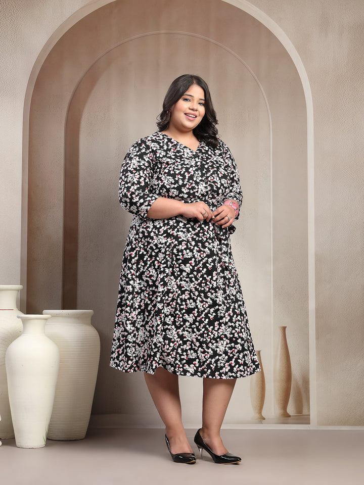 Plus Size Printed Puff Sleeve Fit and Flare Midi Dress
