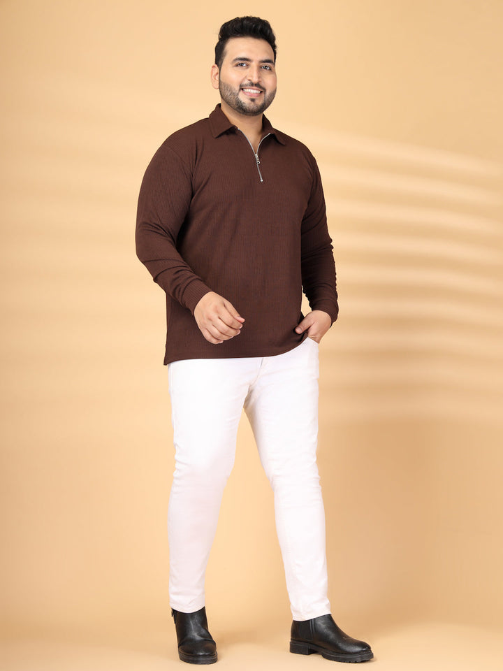 Plus Size Self Design Polo Collar Long Sleeves T-shirt