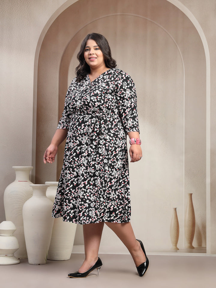 Plus Size Printed Puff Sleeve Fit and Flare Midi Dress