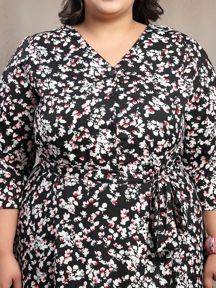 Plus Size Printed Puff Sleeve Fit and Flare Midi Dress