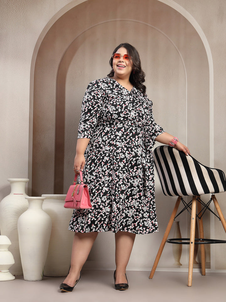 Plus Size Printed Puff Sleeve Fit and Flare Midi Dress