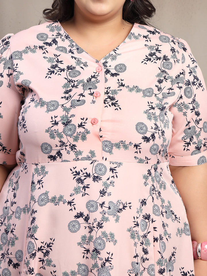 Plus Size Women Pink Floral Garden Print Midi Dress
