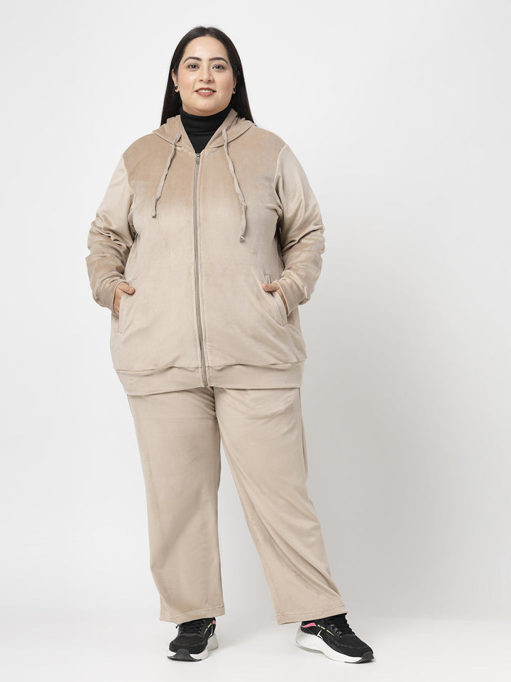 Plus Size Women Hooded Neck Velour Tracksuit