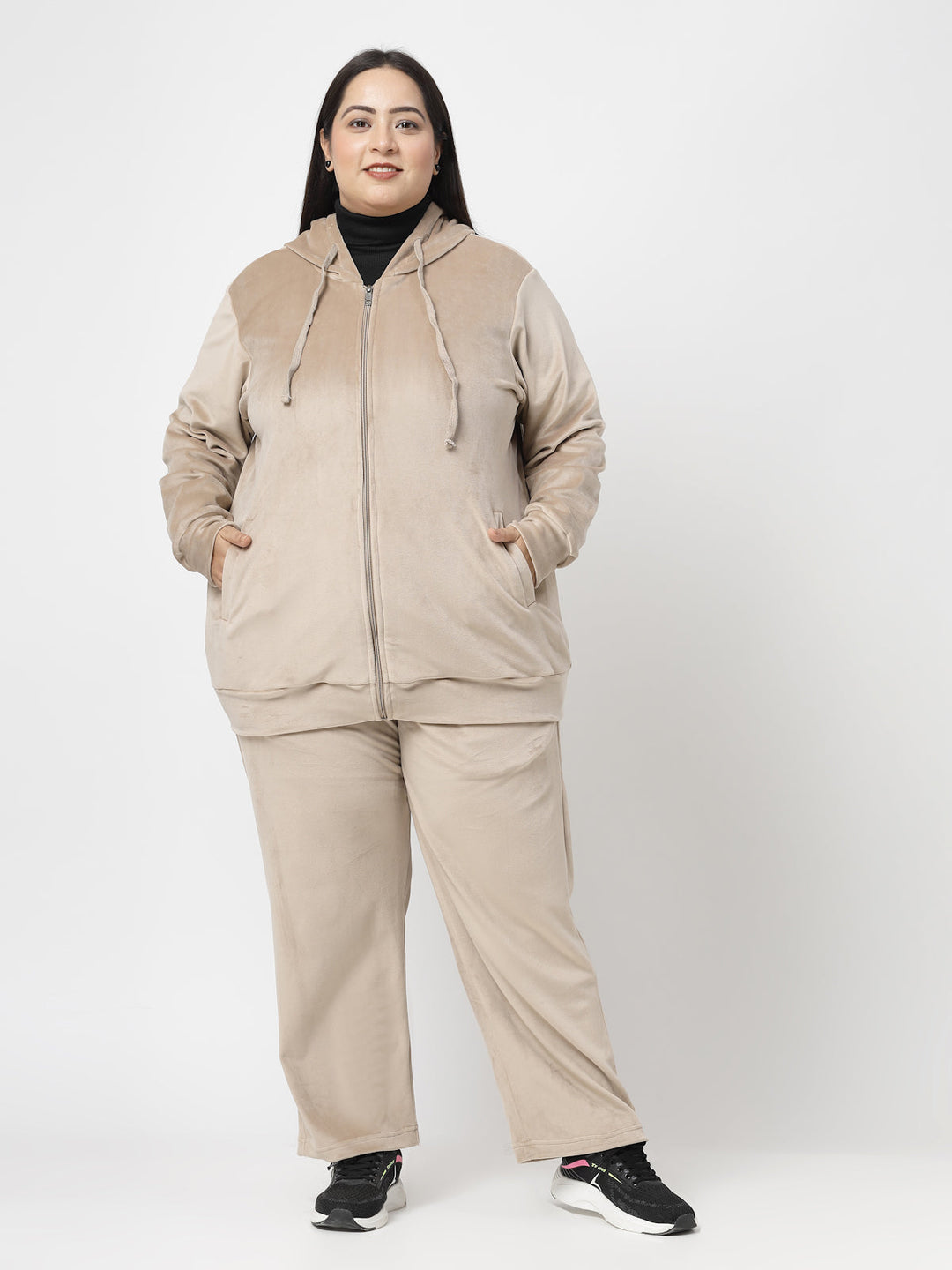 Plus Size Women Hooded Neck Velour Tracksuit