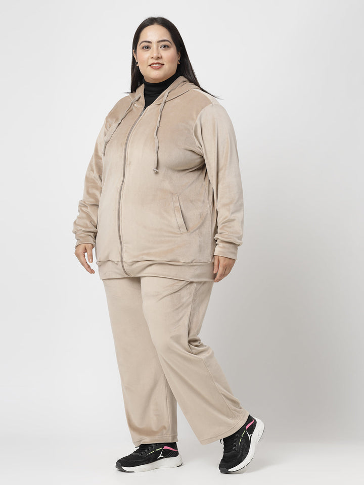 Plus Size Women Hooded Neck Velour Tracksuit