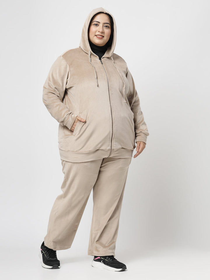 Plus Size Women Hooded Neck Velour Tracksuit