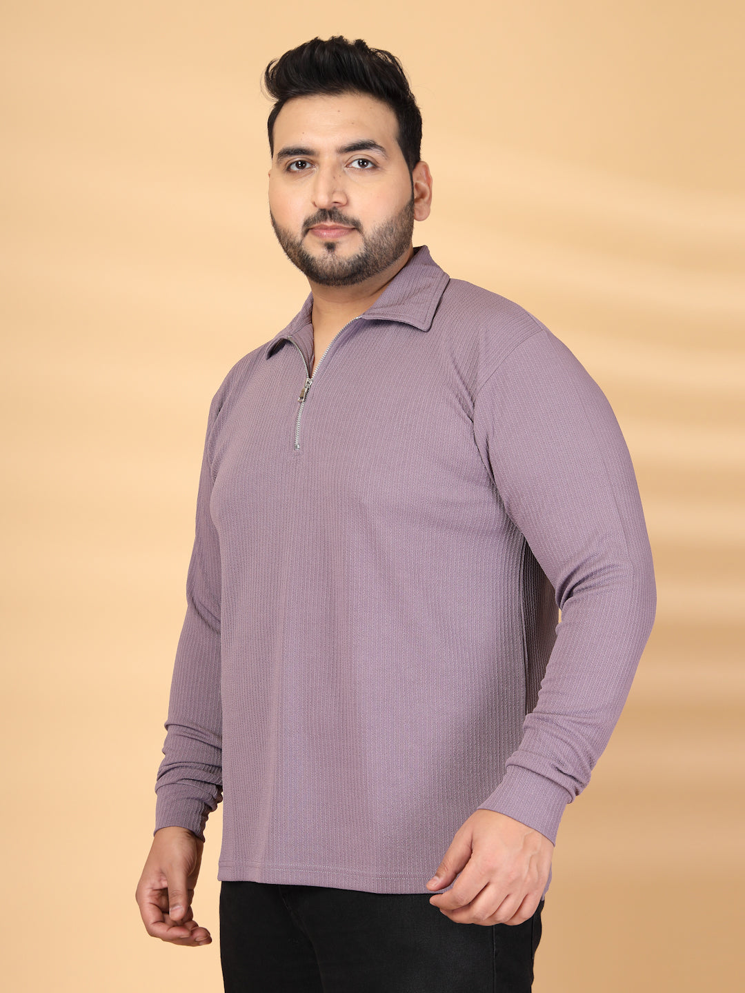 Plus Size Self Design Polo Collar Long Sleeves T-shirt