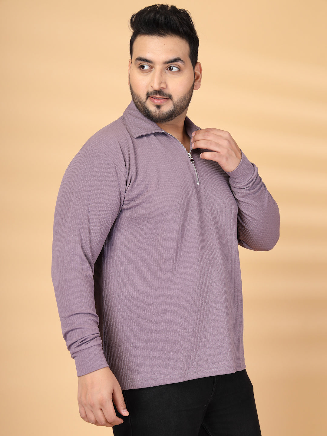 Plus Size Self Design Polo Collar Long Sleeves T-shirt