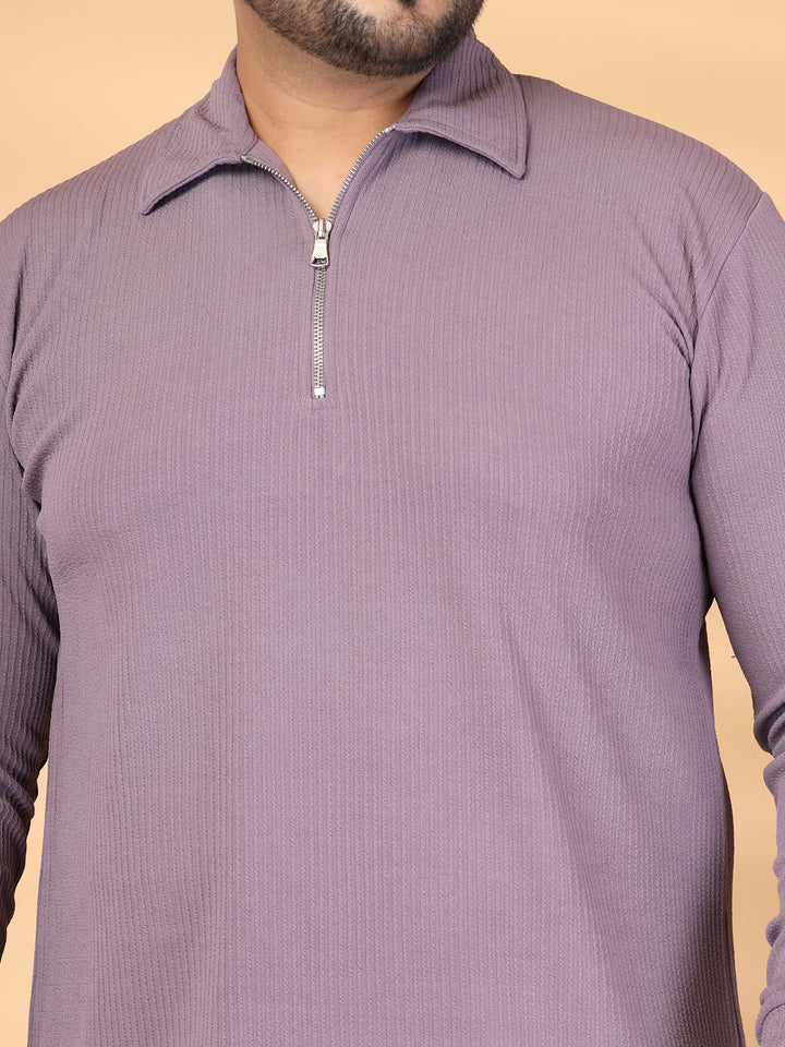 Plus Size Self Design Polo Collar Long Sleeves T-shirt