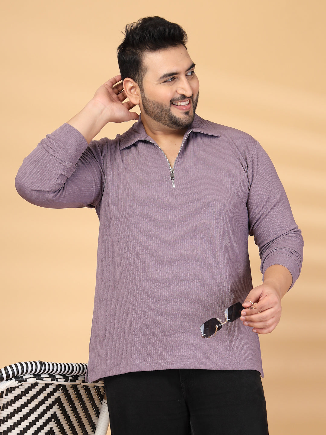 Plus Size Self Design Polo Collar Long Sleeves T-shirt